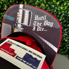 Load image into Gallery viewer, "until the day I die" skeleton trucker 7 panel hat black